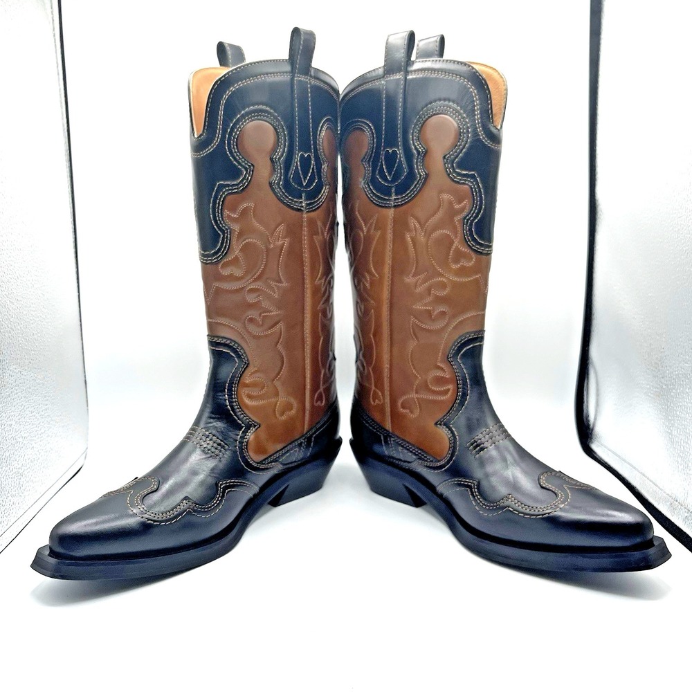 GANNI two-tone Leather Embroidered Western Boots SZ 41 NWOB - Picture 2 of 6